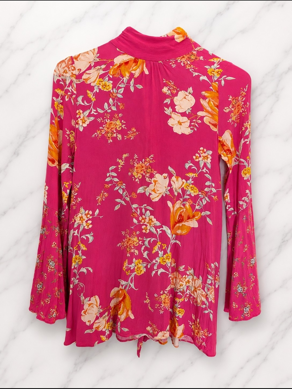 Free People Pink Floral Tie Neck Tunic Top XS Boho Bell Sleeve Sheer Blouse